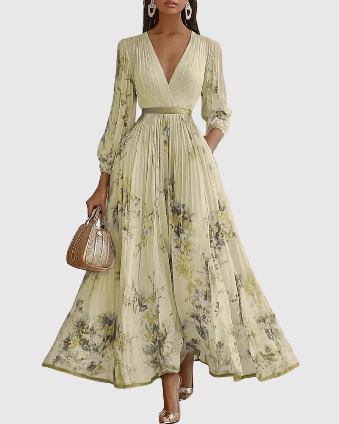 Women's Pleated Maxi Dress V Neck Long Sleeve Floral Print Ribbon Waist –  The Hills Nashville