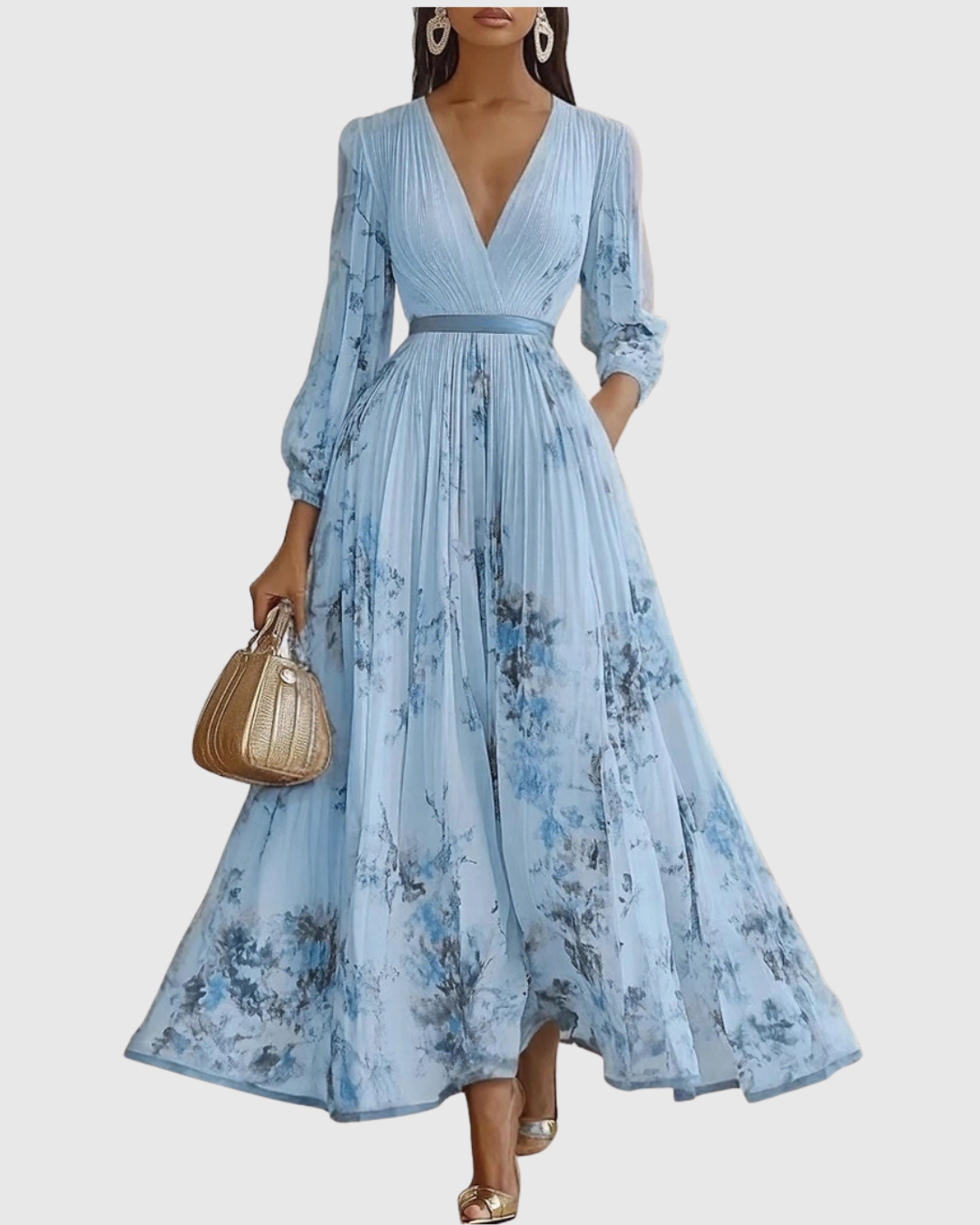 Women's Pleated Maxi Dress V Neck Long Sleeve Floral Print Ribbon Waist –  The Hills Nashville