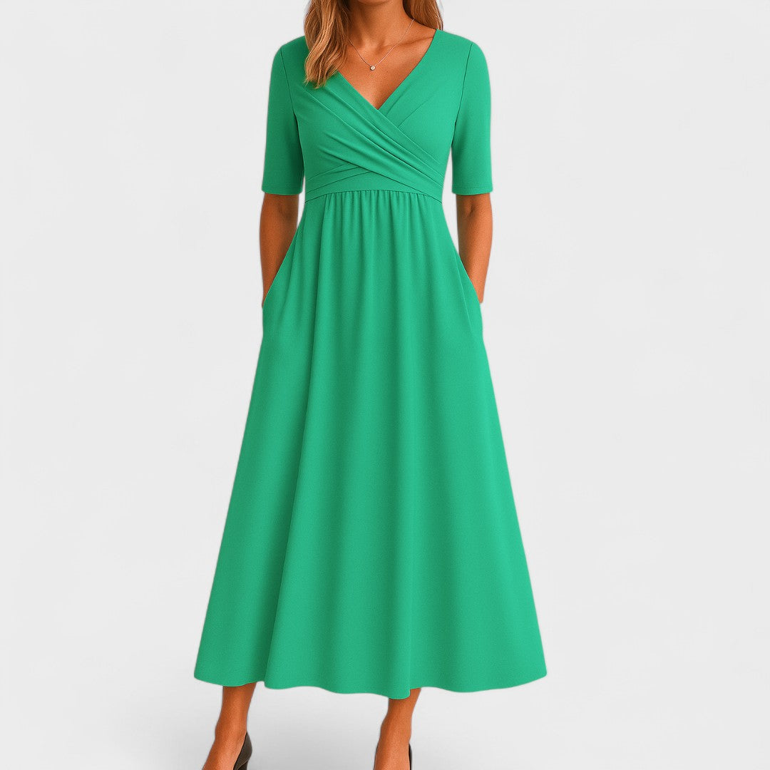 midi dress with v neck Women's Midi Dress V Neck Wrap Style Pleated Bodice Elbow Sleeve with Pockets – The Hills Nashville