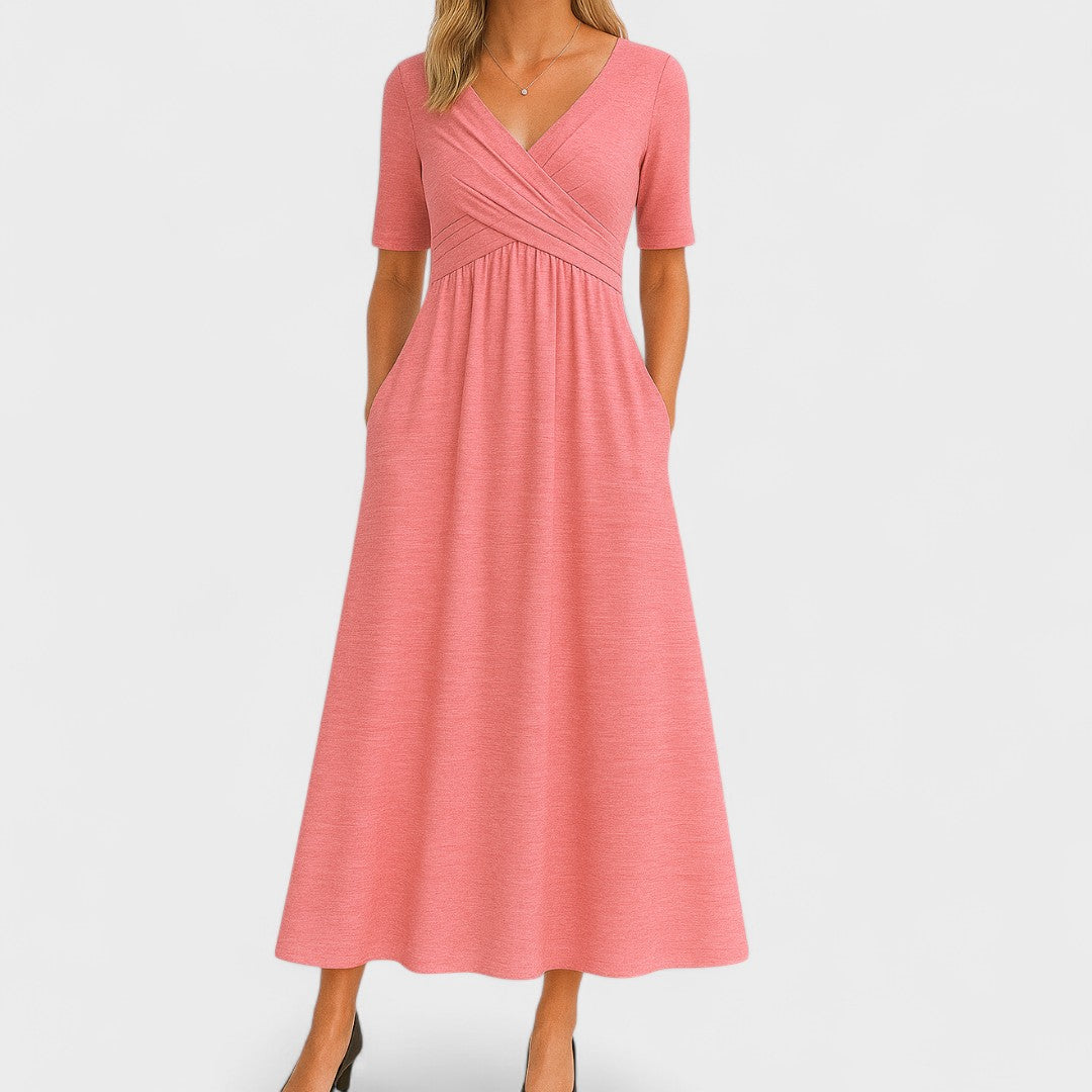 v neck midi dress Women's Midi Dress V Neck Wrap Style Pleated Bodice Elbow Sleeve with Pockets – The Hills Nashville