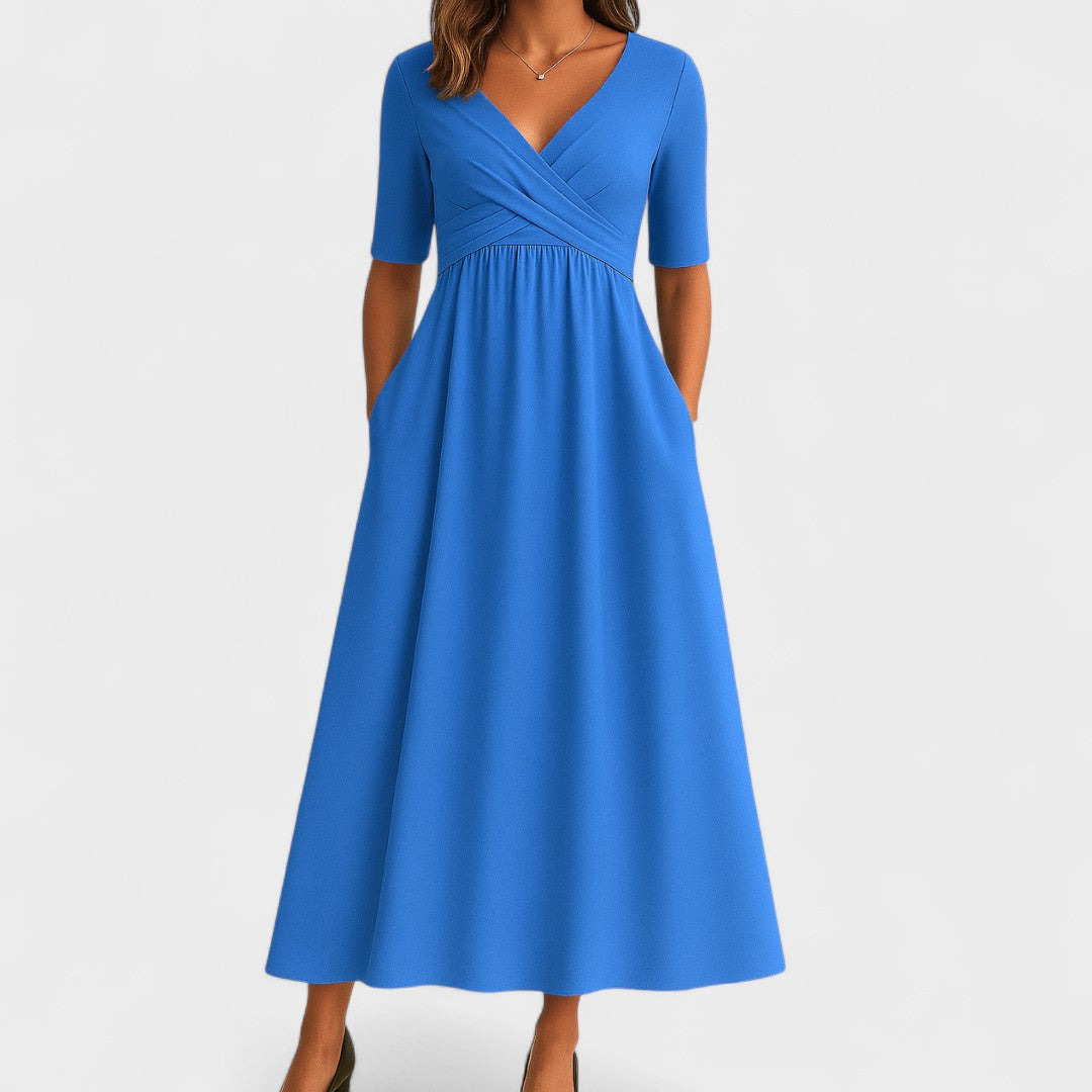 midi stylewe elegant dresses Women's Midi Dress V Neck Wrap Style Pleated Bodice Elbow Sleeve with Pockets – The Hills Nashville