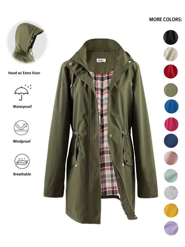 Qing - Casual Drawstring Zip Up Hooded Trench Coat