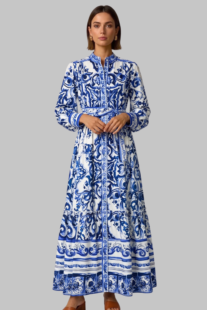 Penelope | Women’s Long Sleeve Printed Maxi Dress with V-Neck