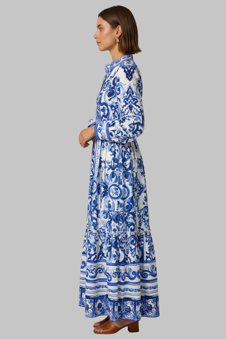 Penelope | Women’s Long Sleeve Printed Maxi Dress with V-Neck