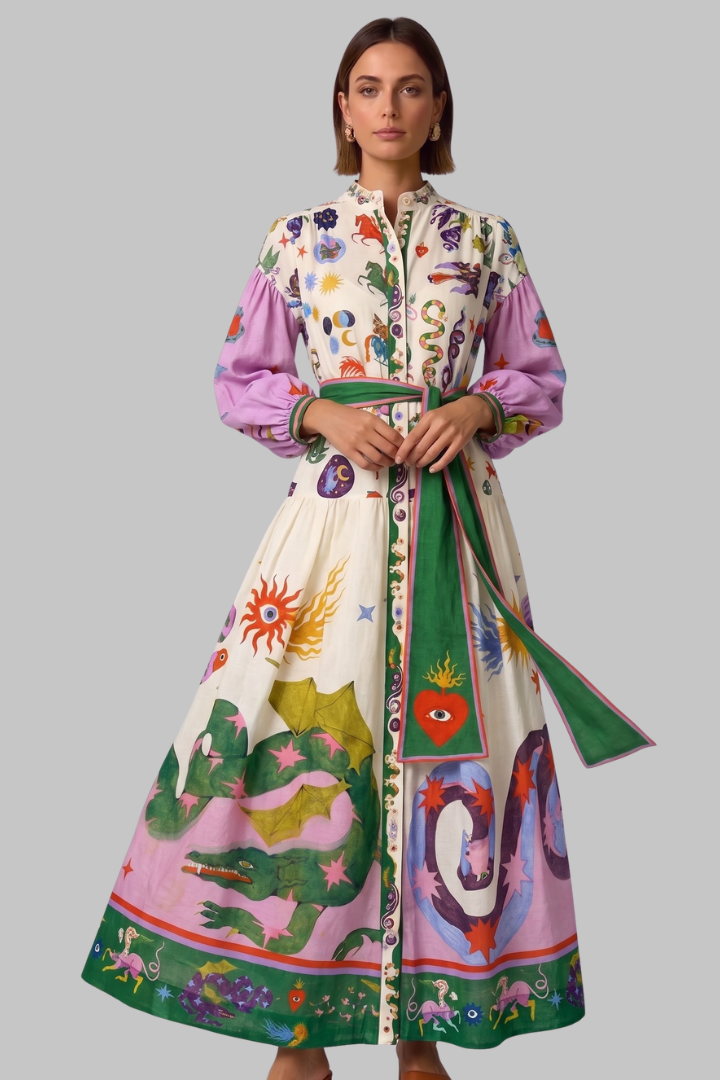 Penelope | Women’s Long Sleeve Printed Maxi Dress with V-Neck