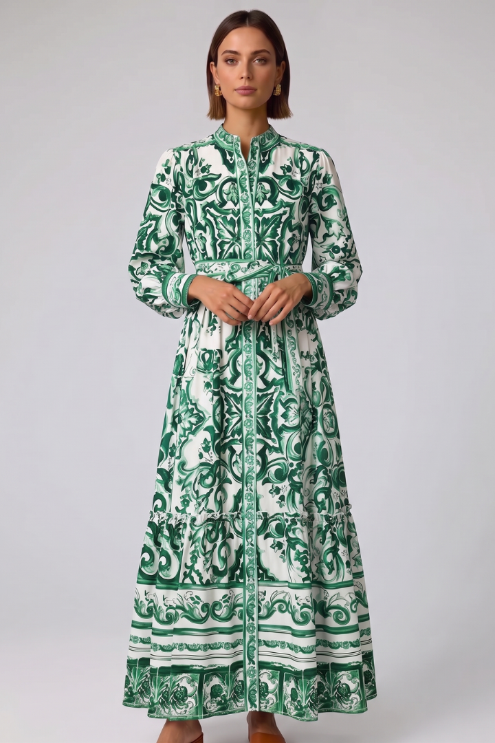 Penelope | Women’s Long Sleeve Printed Maxi Dress with V-Neck