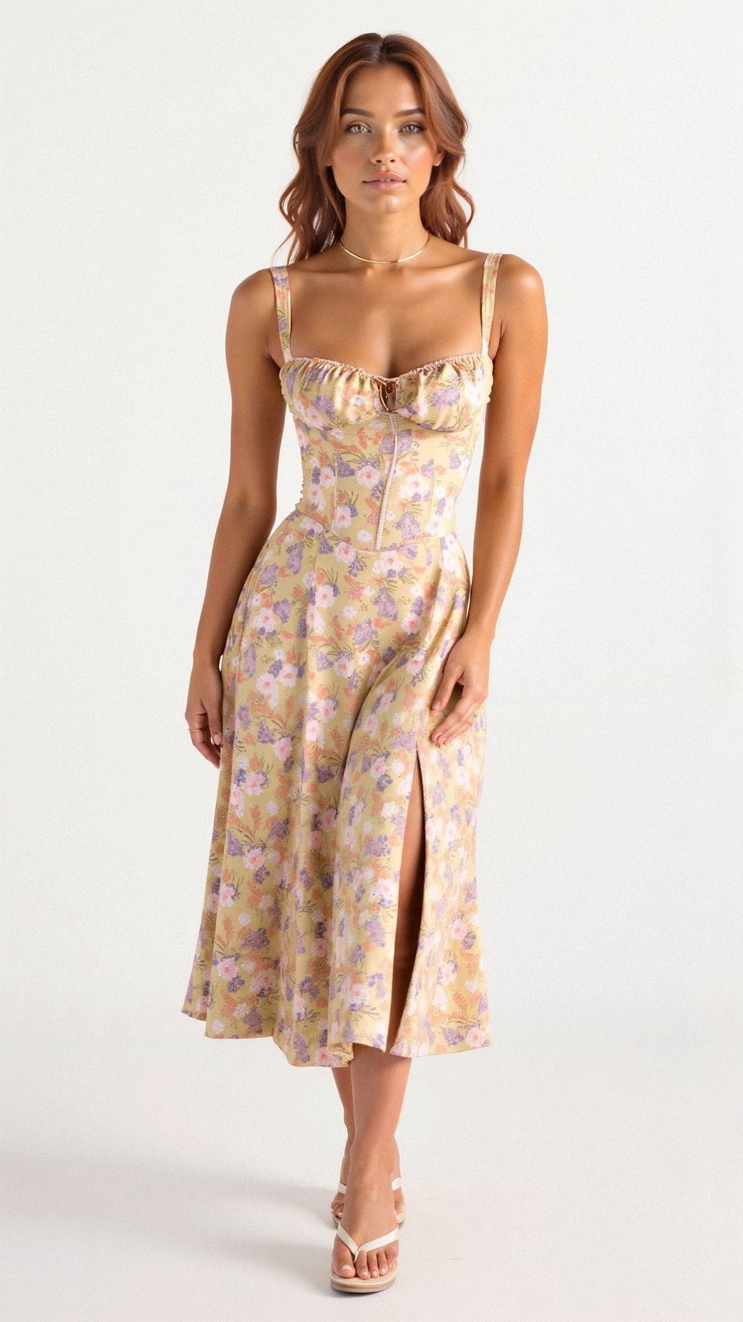 Amelia | Floral Corset Midi Dress Sweetheart Neckline