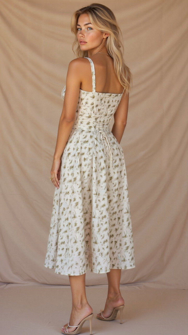 Amelia | Floral Corset Midi Dress Sweetheart Neckline