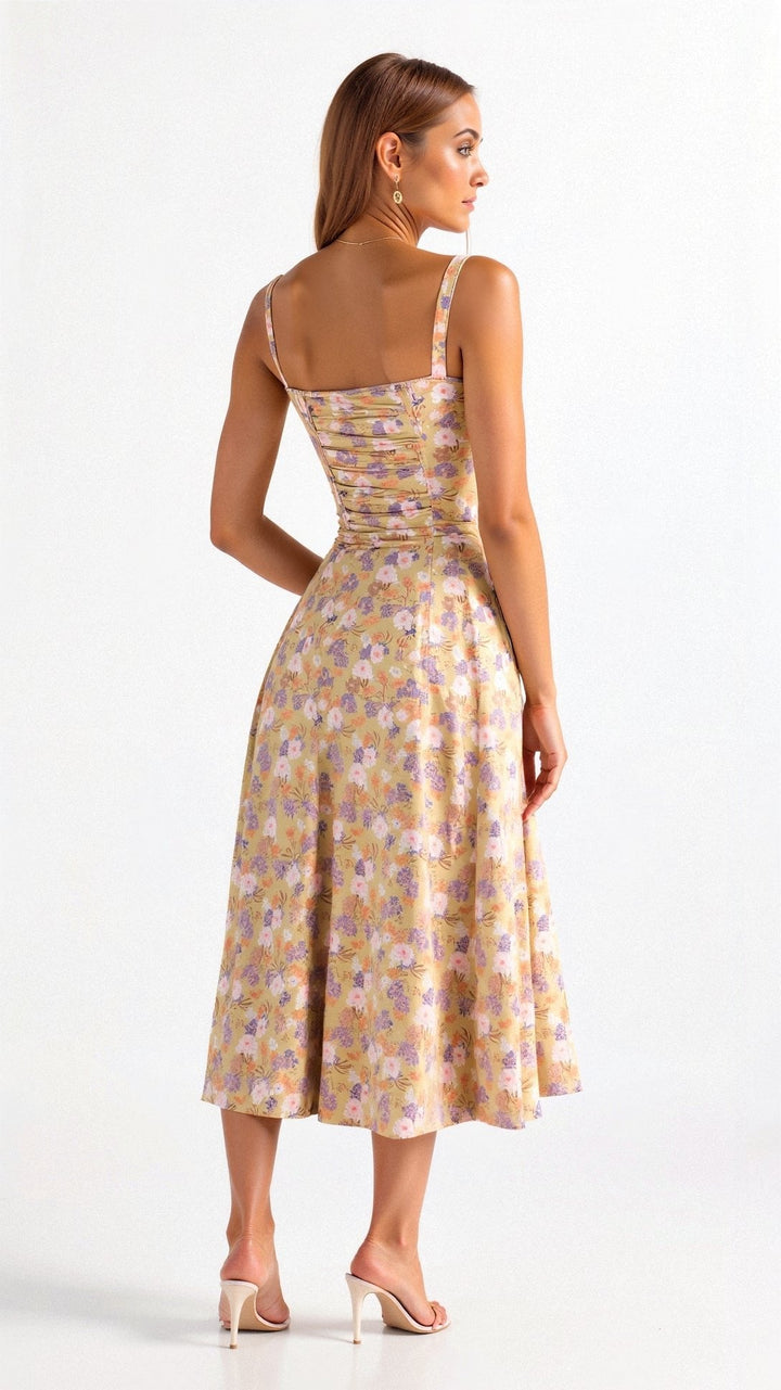 Amelia | Floral Corset Midi Dress Sweetheart Neckline