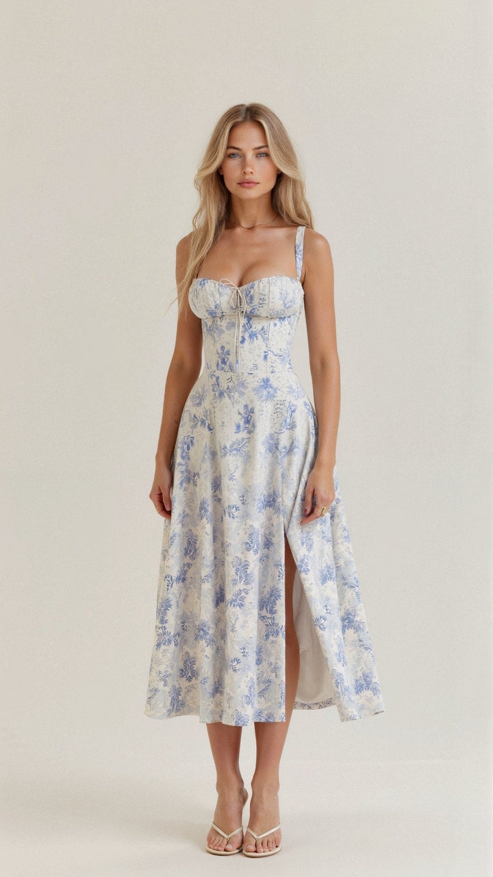 Amelia | Floral Corset Midi Dress Sweetheart Neckline