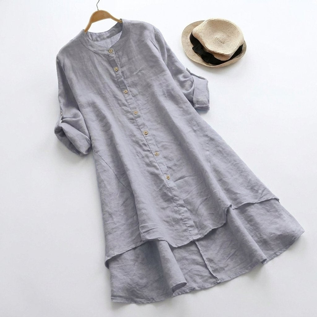 Sophia | Linen Shirt Dress Button-Down Layered Hem