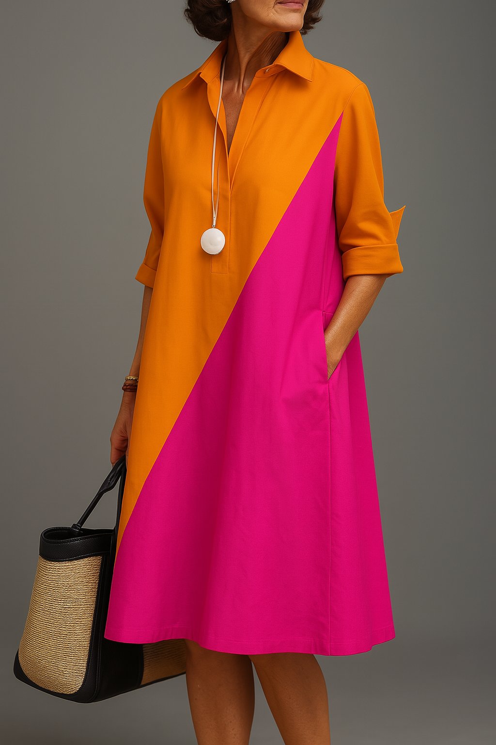 Isabella | Midi Dress Diagonal Colorblock Cotton Collared V-Neck