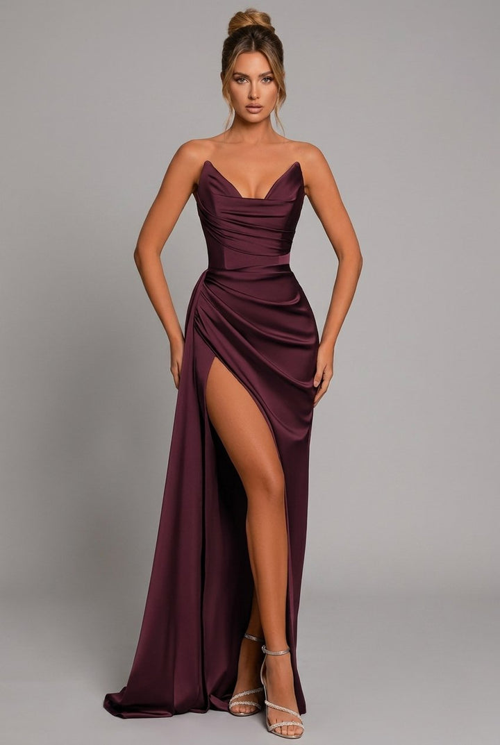 Charlotte | Satin Maxi Dress Ruched Sweetheart Split