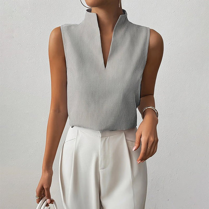 Camila | Sleeveless Striped V-Neck Blouse Stand Collar