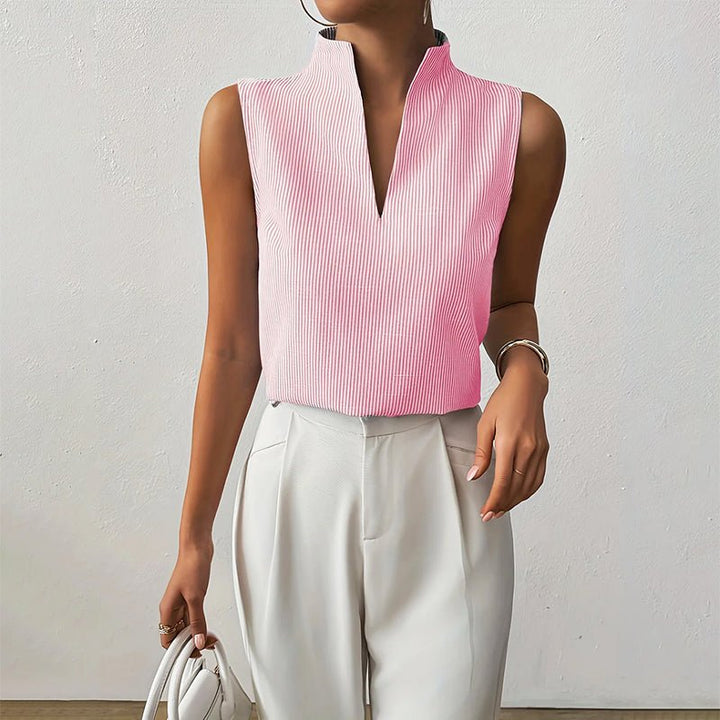 Camila | Sleeveless Striped V-Neck Blouse Stand Collar