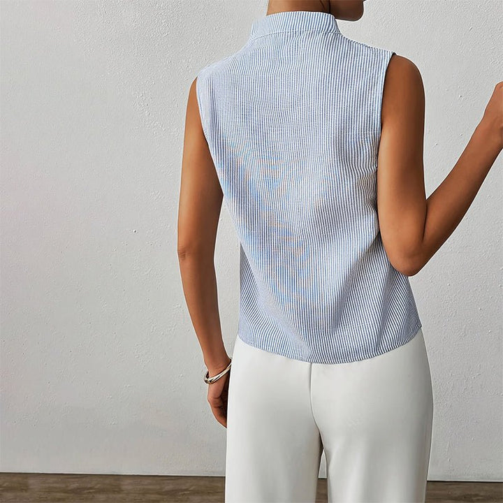 Camila | Sleeveless Striped V-Neck Blouse Stand Collar