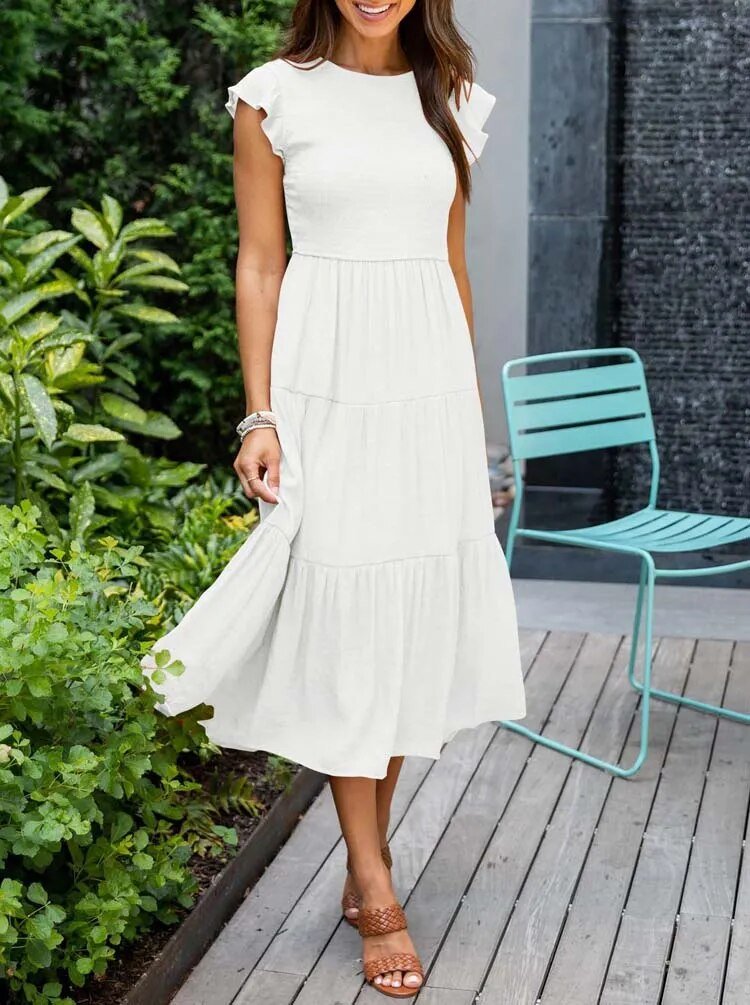 Luna | Tiered Midi Dress Cap Sleeve Tummy Control