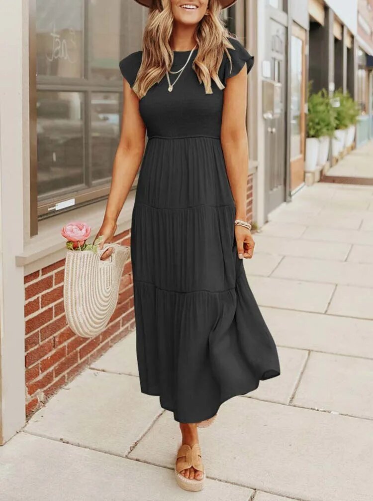 Luna | Tiered Midi Dress Cap Sleeve Tummy Control