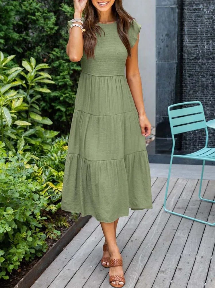 Luna | Tiered Midi Dress Cap Sleeve Tummy Control